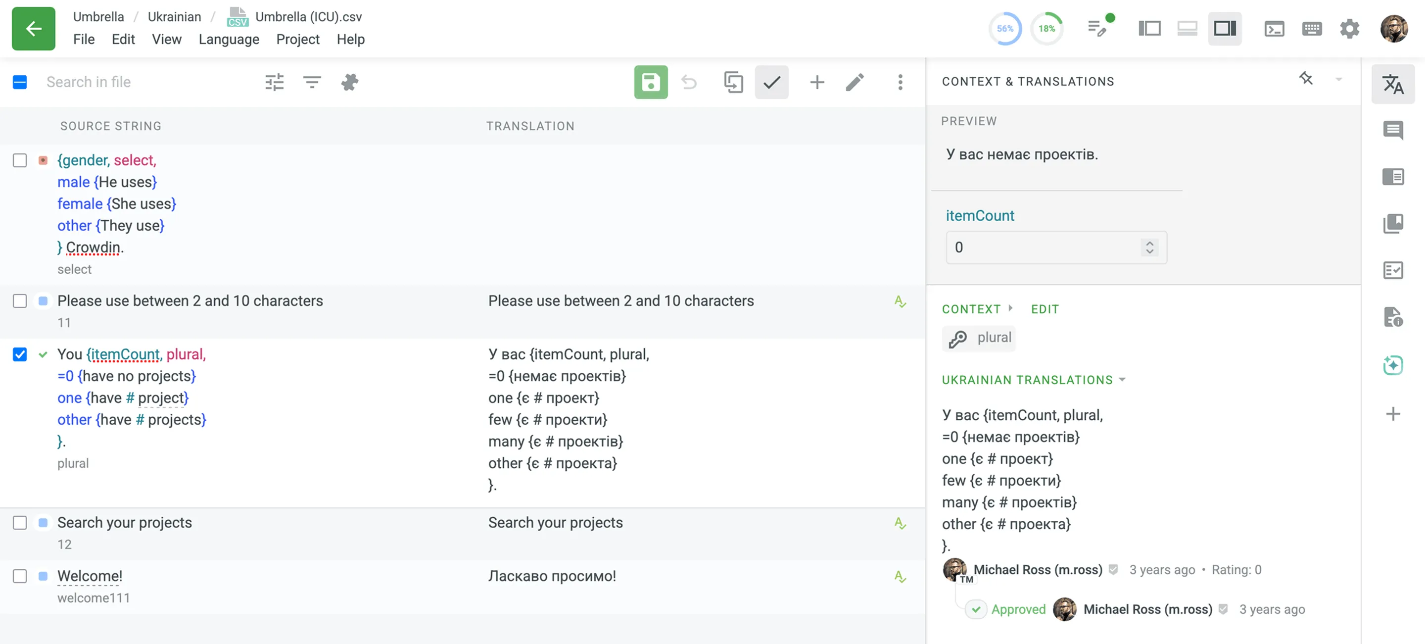 ICU Message syntax in the Editor